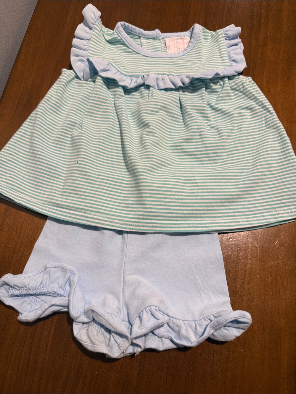 Light Blue and Mint Striped Ruffle Top & Shorts Set